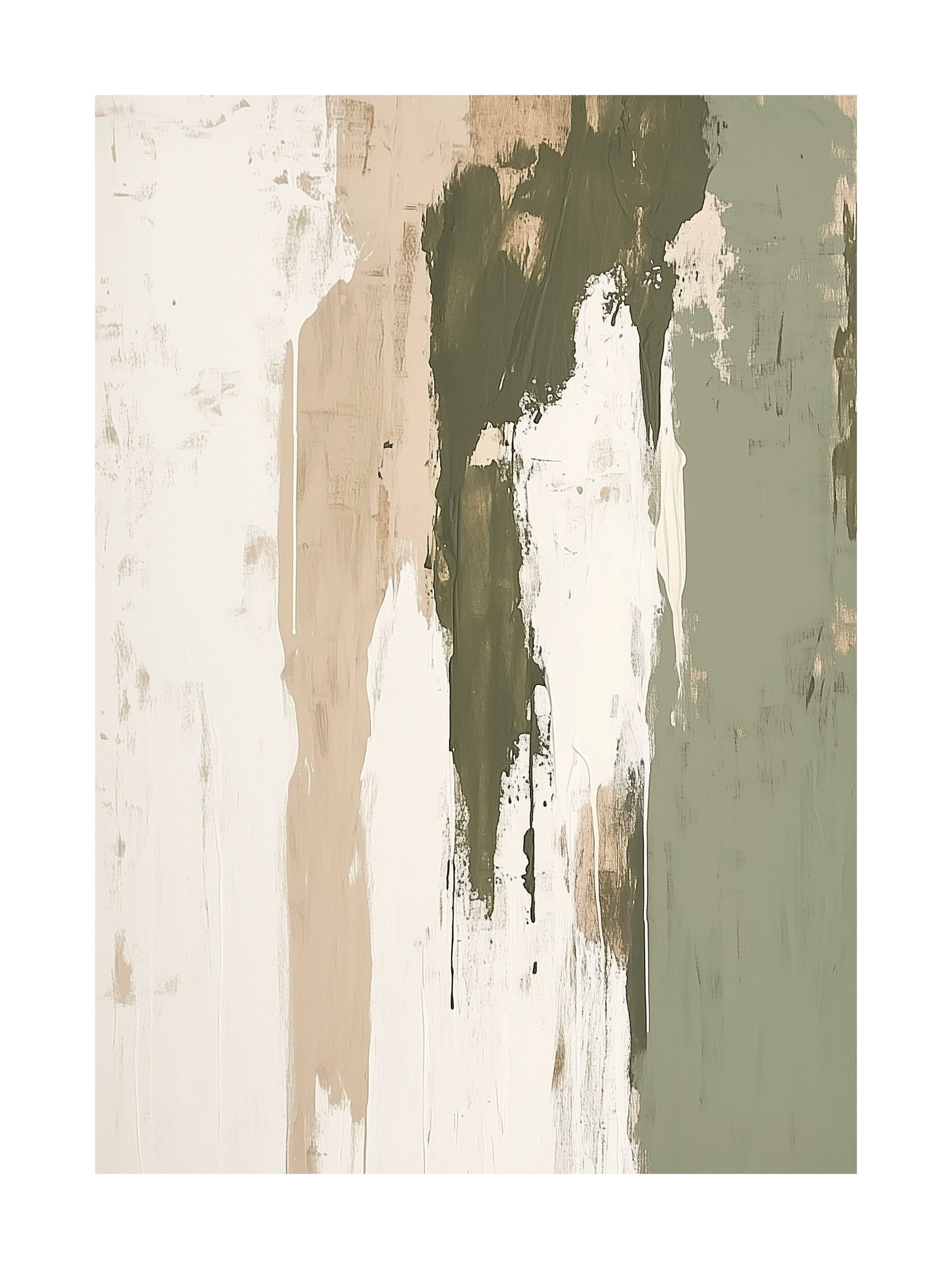 Vertical abstract paint streaks in olive, beige, and white