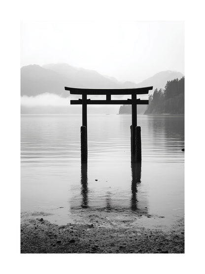 Monochrome poster of a Torii gate reflected in calm lake waters