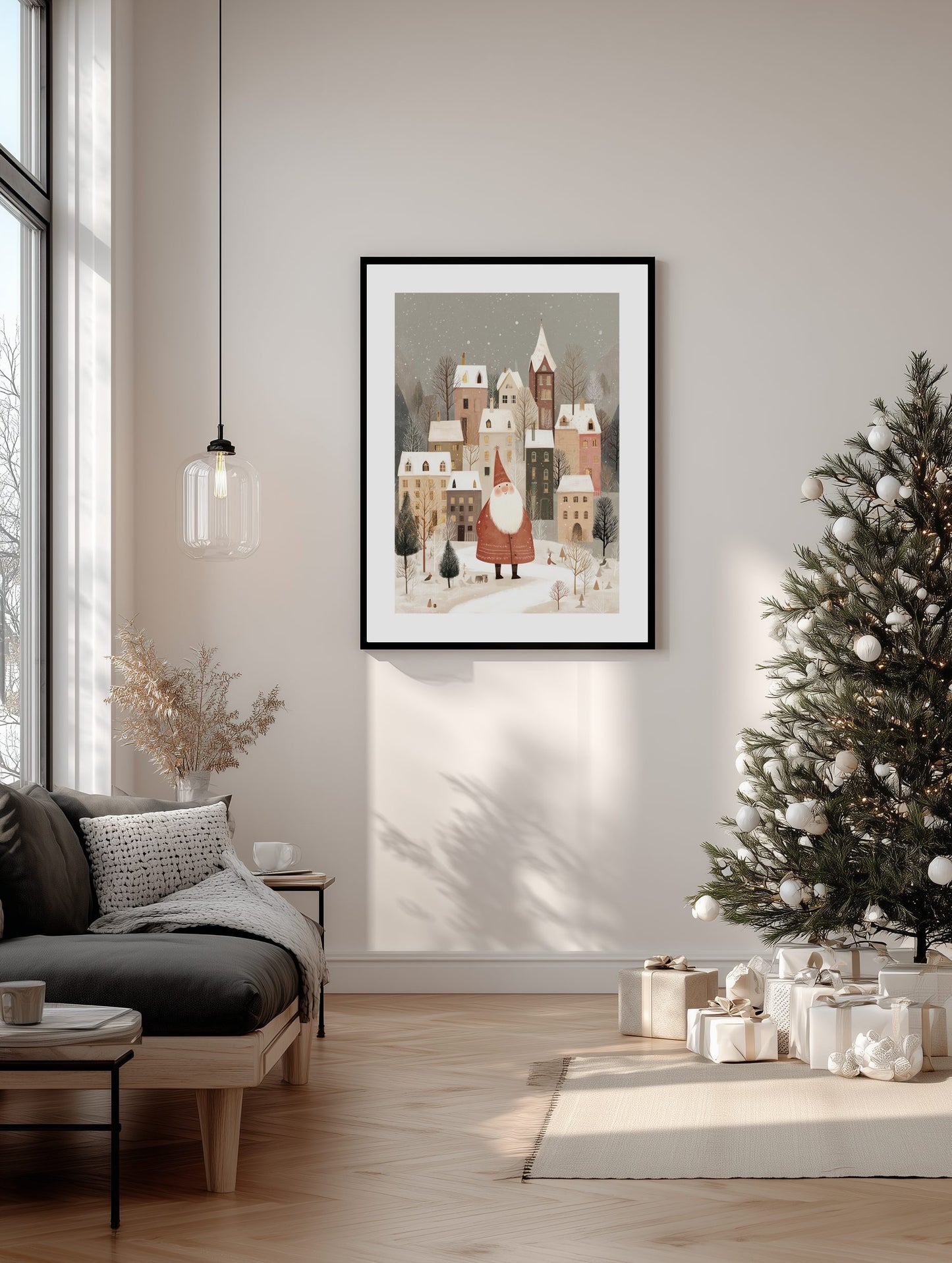 Santa in Snowy Village Poster