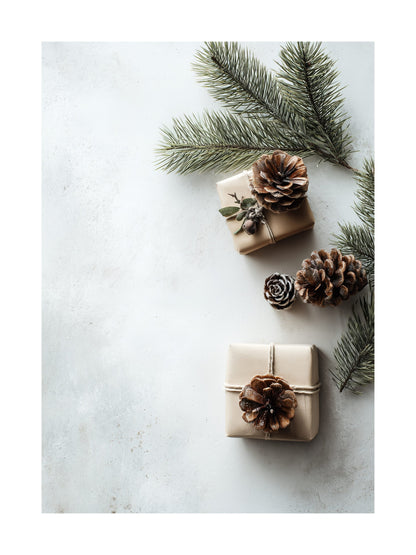 Minimalist Christmas flatlay with pinecones, spruce branches, and wrapped gifts