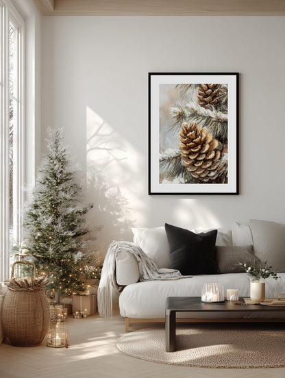 Snowy Pine Cones Poster