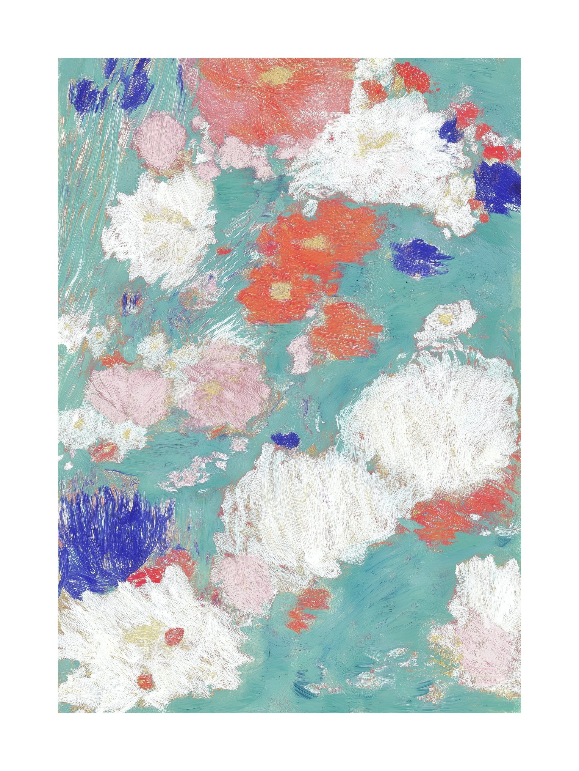 Floating abstract white and coral flowers on a teal background.