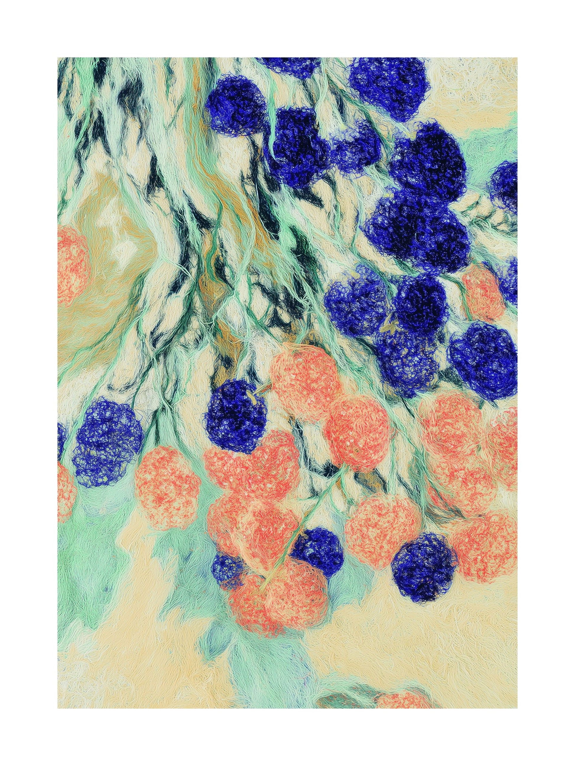 Red and blue berry clusters among green vines