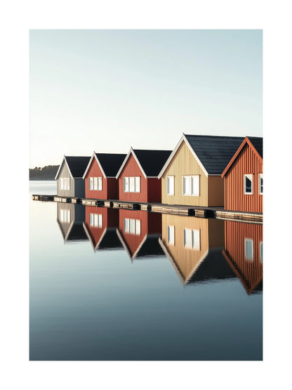 Poster of colorful wooden huts reflected in water at Smögen marina