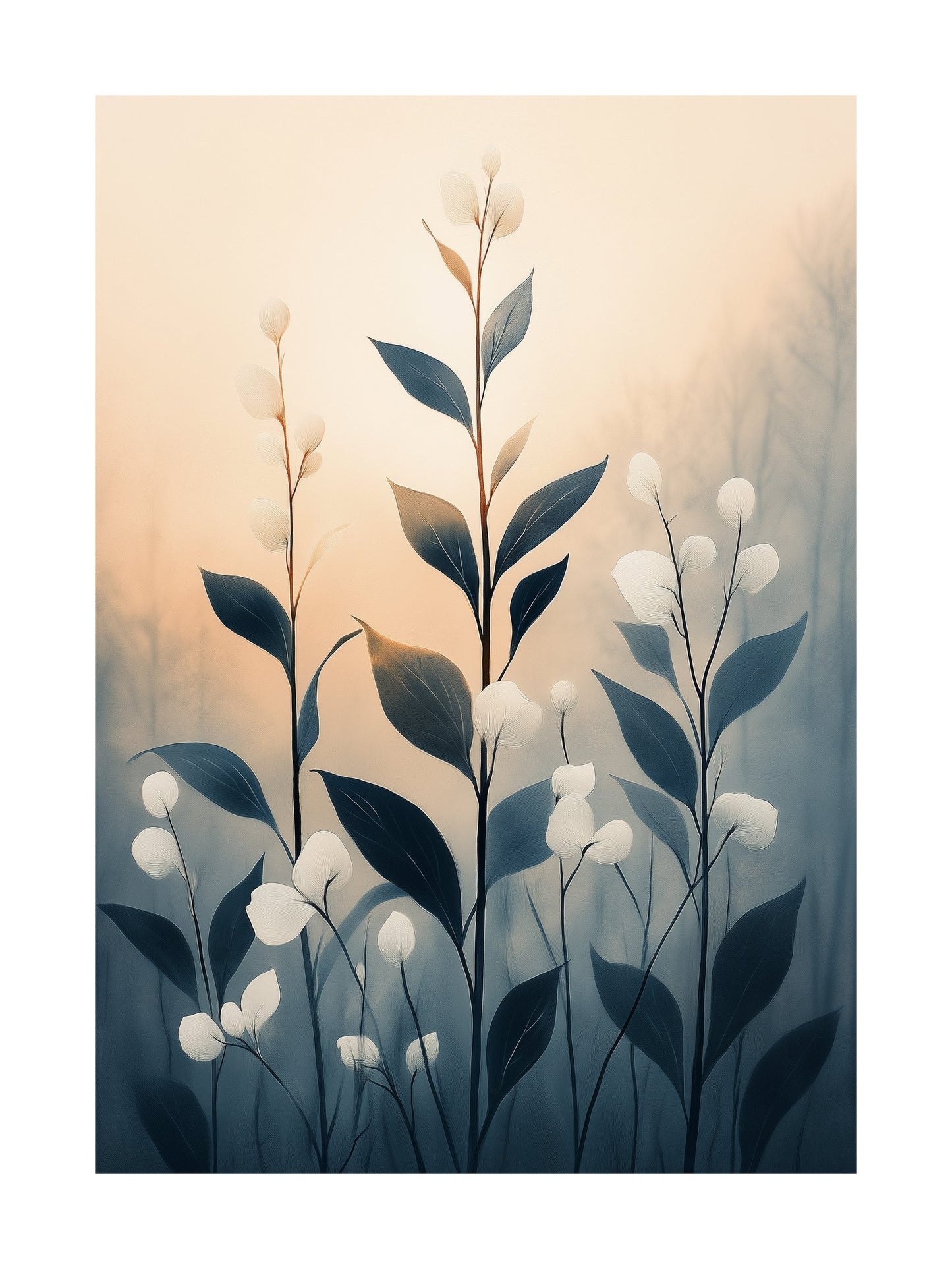 scenic morning mist with petals decorative wall art - modern poster for home or office
