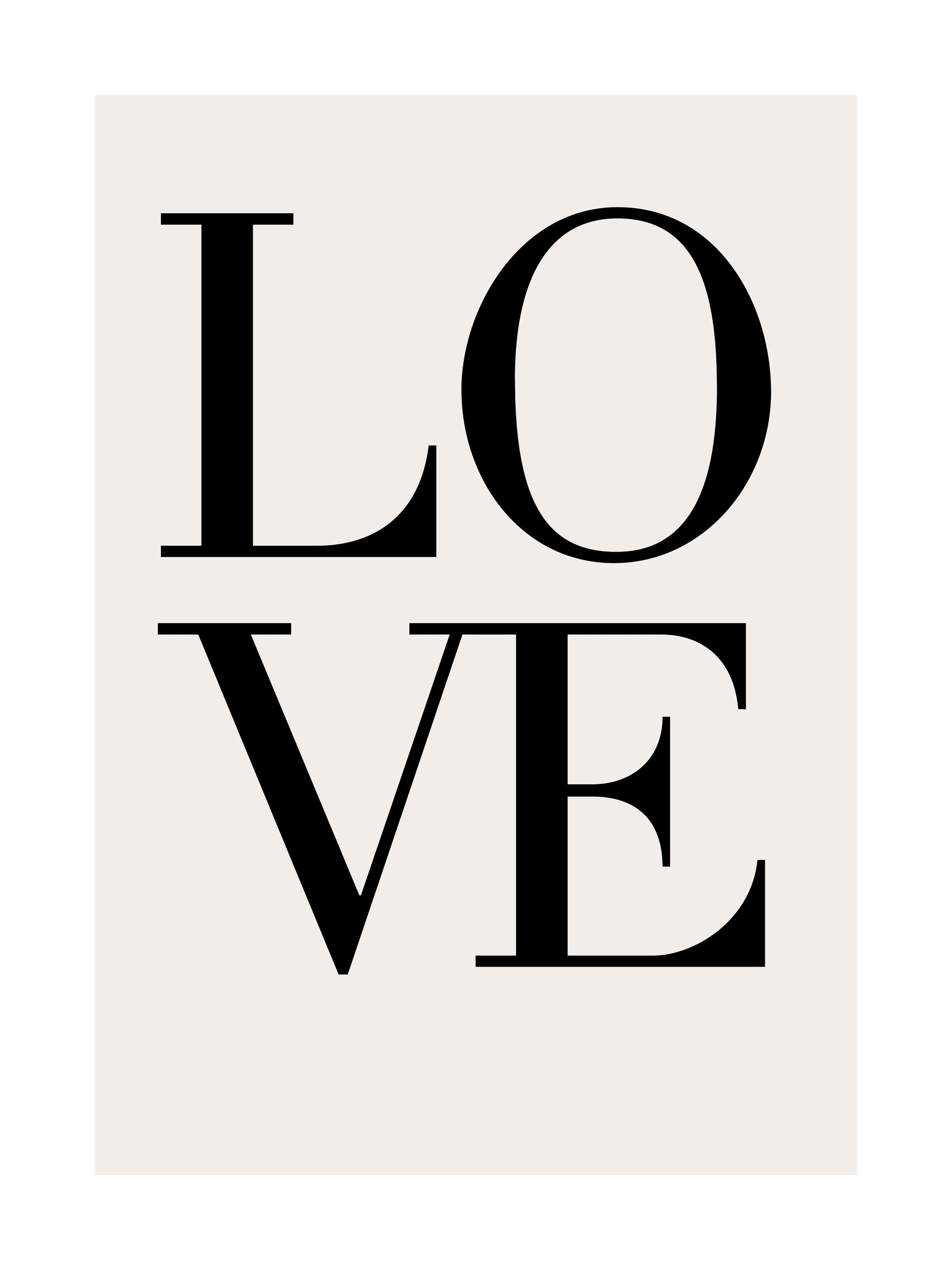 LOVE typography poster with bold black lettering on a light background