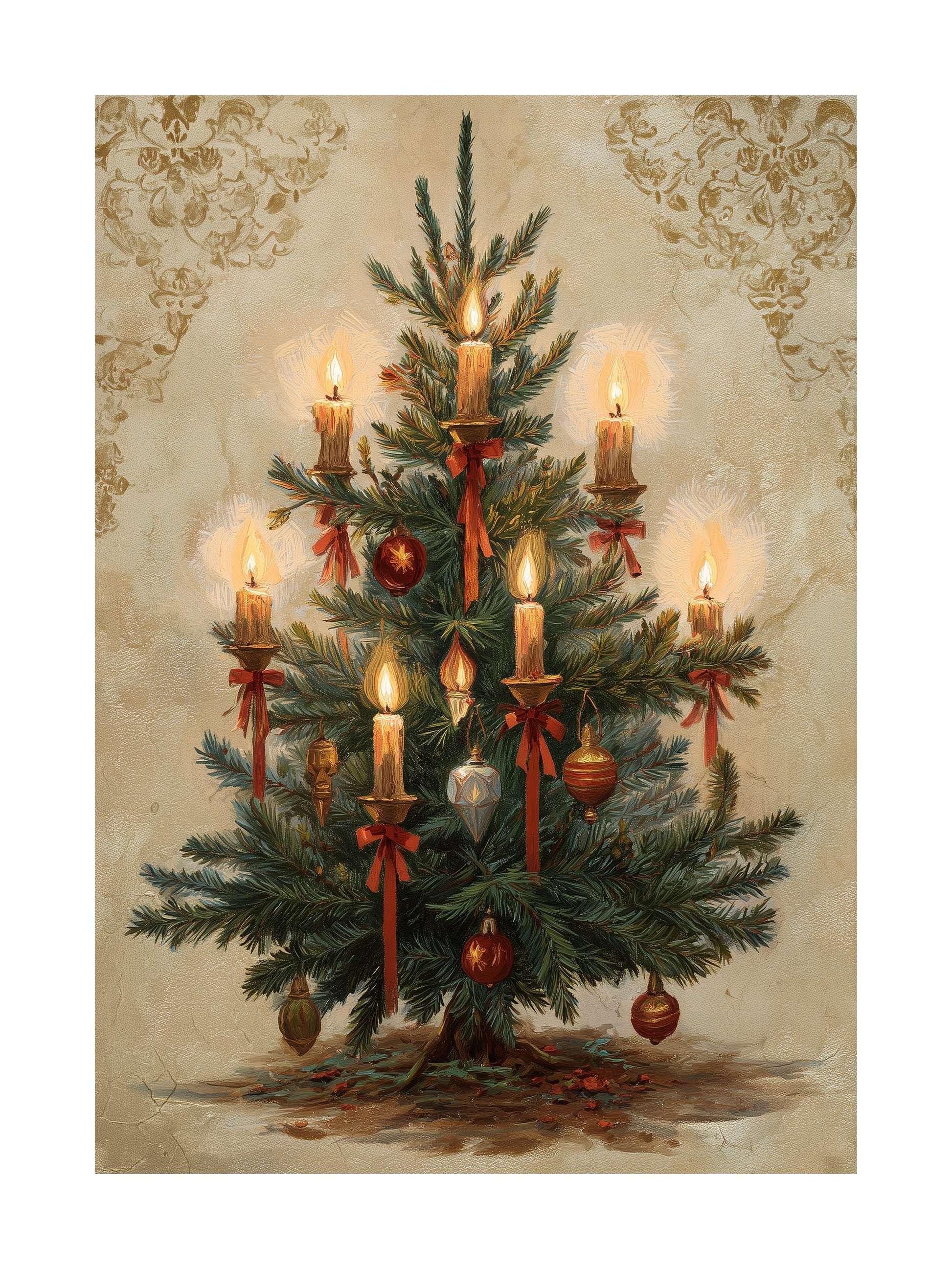 Vintage Christmas tree poster with candles and red ornaments