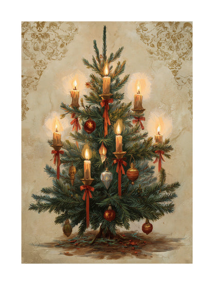 Vintage Christmas tree poster with candles and red ornaments