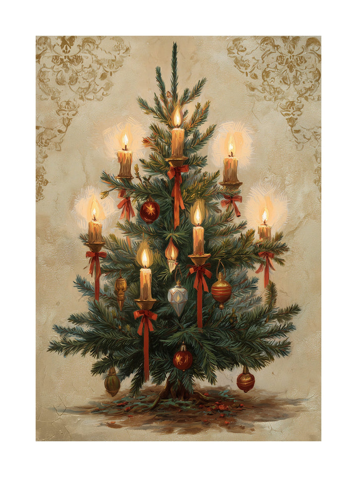 Vintage Christmas tree poster with candles and red ornaments