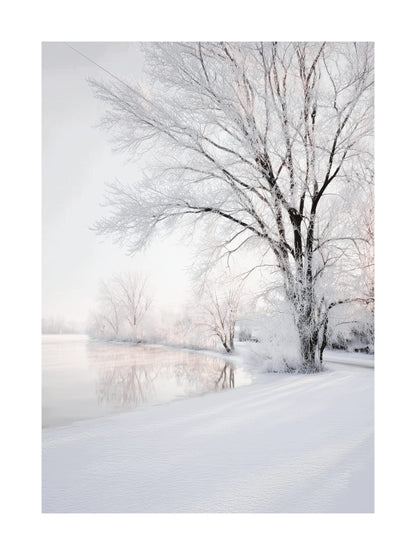 Snow-covered trees by a calm frozen lake on a winter day.