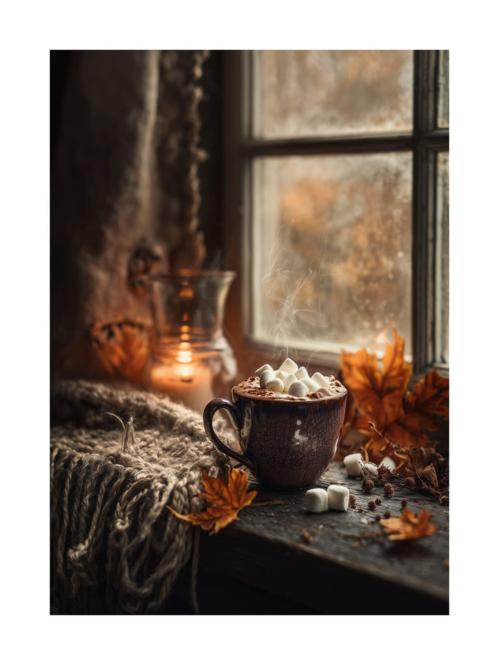Poster of hot chocolate with marshmallows by autumn window and candlelight
