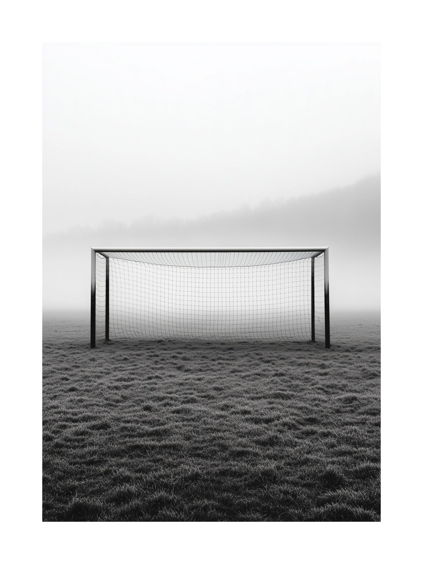 Monochrome poster of a soccer goal on a foggy field