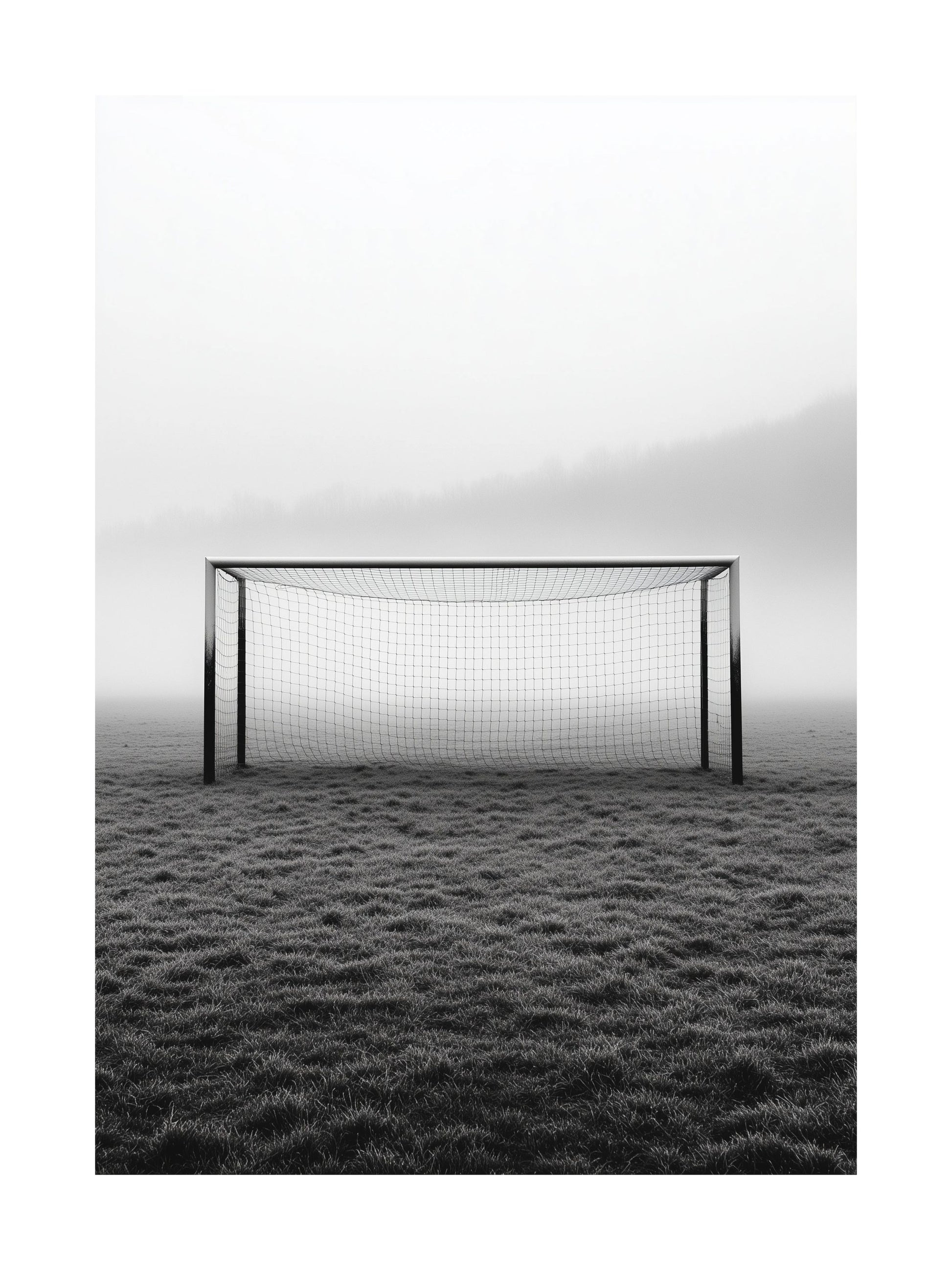 Monochrome poster of a soccer goal on a foggy field