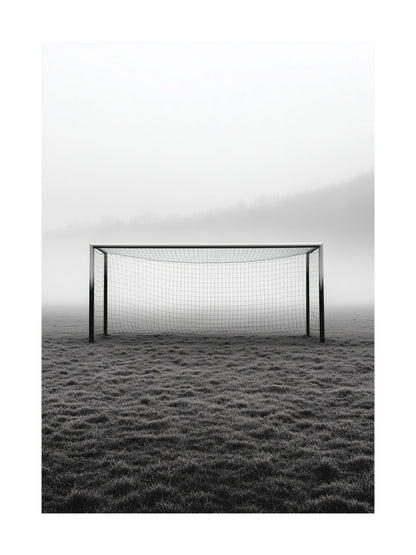 Monochrome poster of a soccer goal on a foggy field