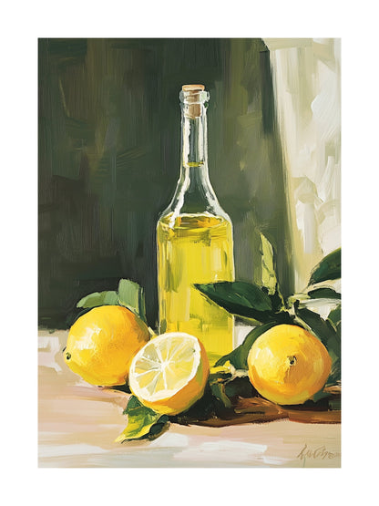 Painting of limoncello bottle and lemons on a rustic table