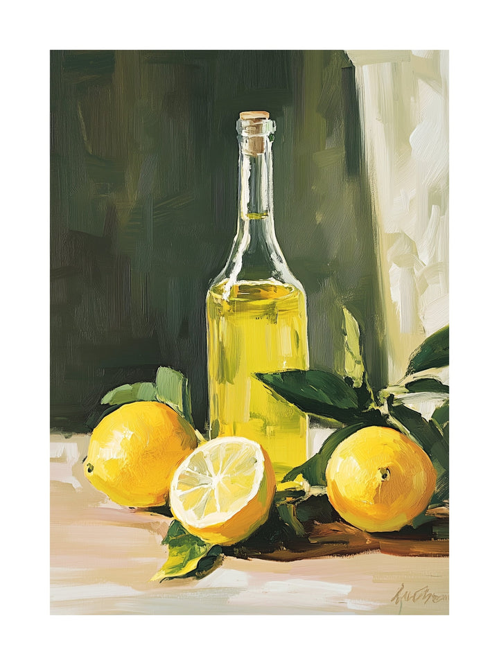 Painting of limoncello bottle and lemons on a rustic table