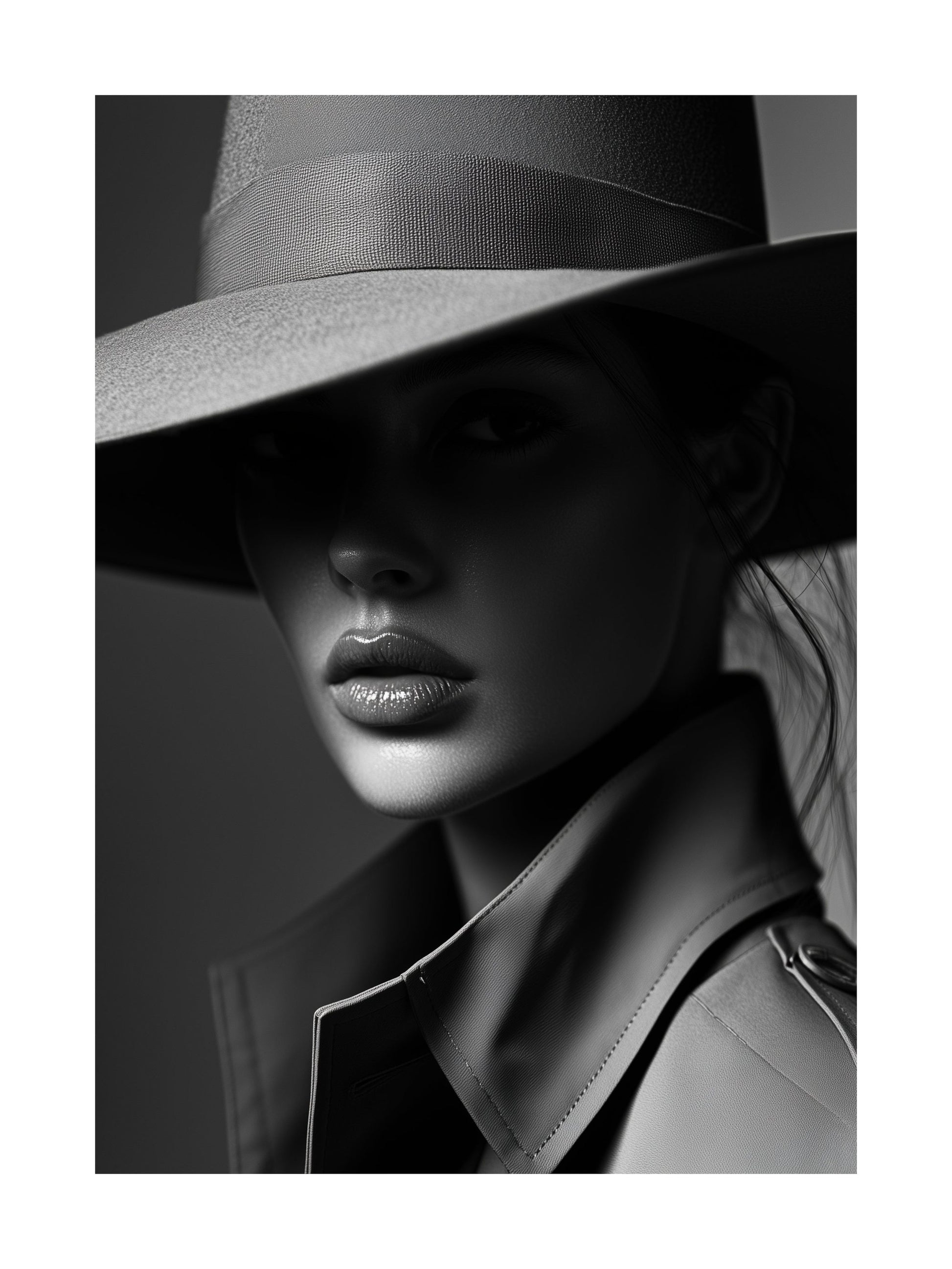 Studio black and white portrait of woman in hat and trench coat