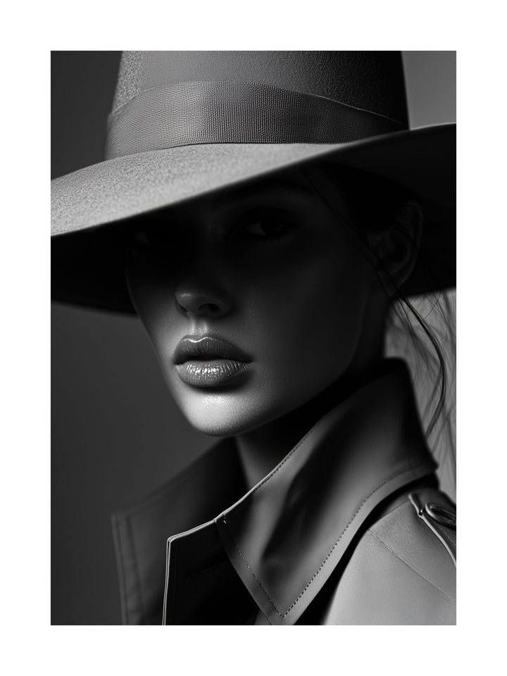 Studio black and white portrait of woman in hat and trench coat
