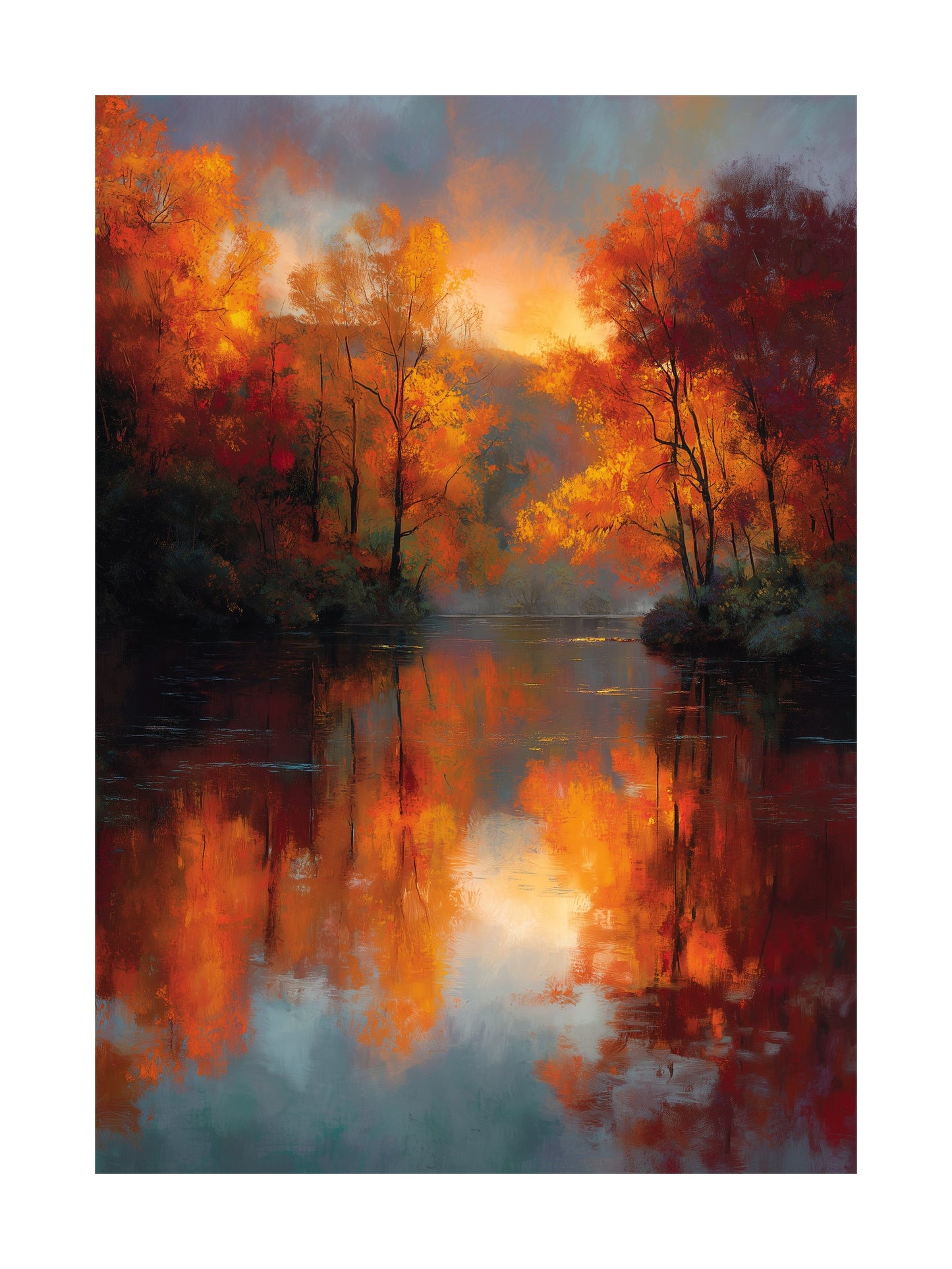 Poster of autumn lake reflecting colorful fiery trees at sunset