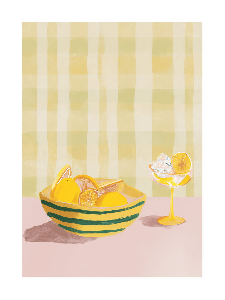 Poster of lemons and slices on a pink background