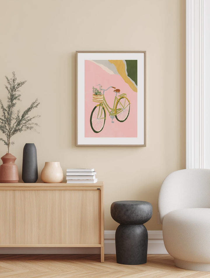 Green Bike on Pink Poster