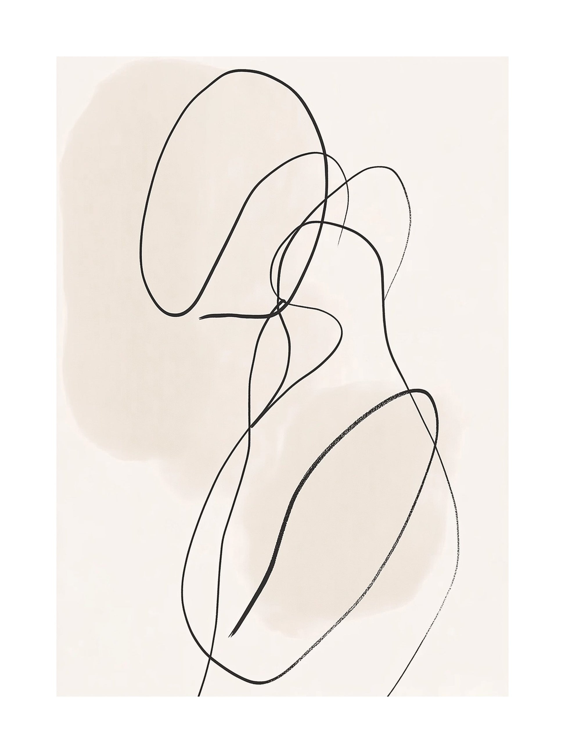 Continuous black abstract line drawing of a human form on beige background