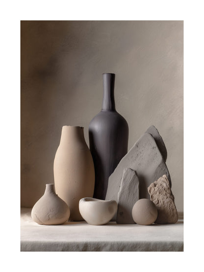 Minimalist still life poster with ceramic vases and stones