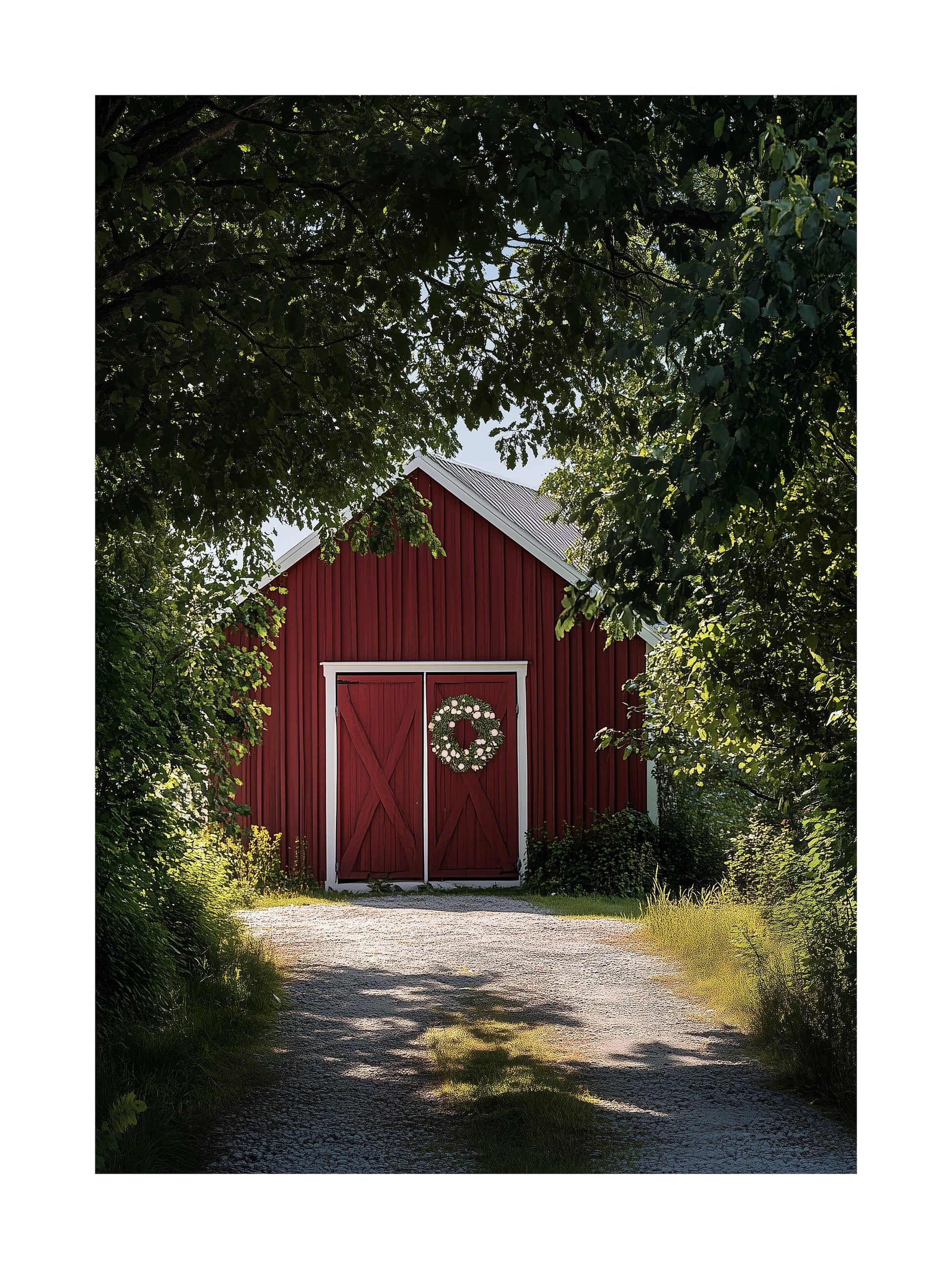 Red barn with a floral midsummer wreath on doors, framed by green trees