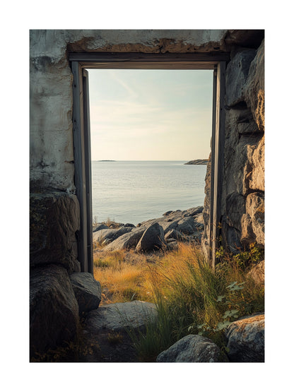 Poster showing view of Swedish coast framed by old stone ruins