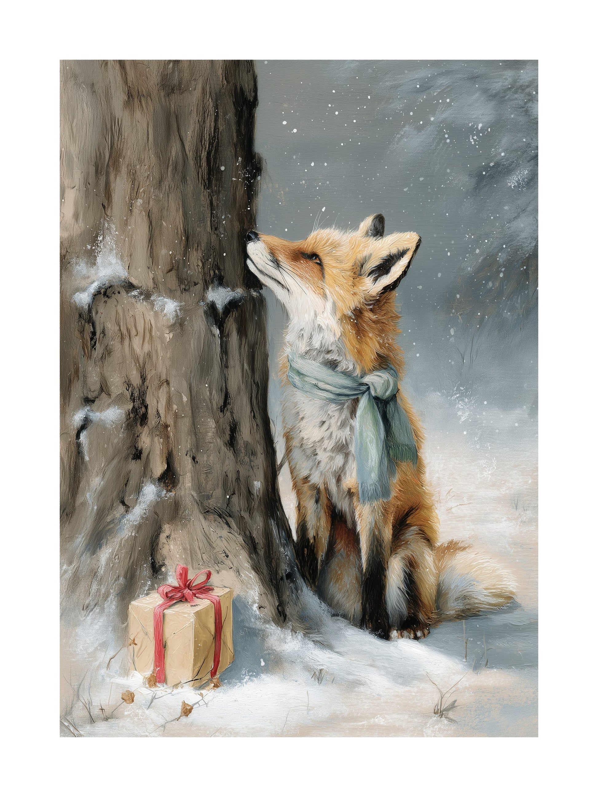 Hand-painted fox with scarf beside a gift in snowy forest