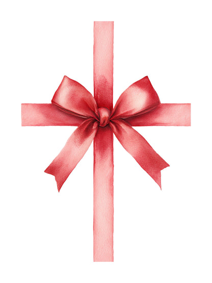 Watercolor painting of red ribbon tied into a Christmas bow on white background