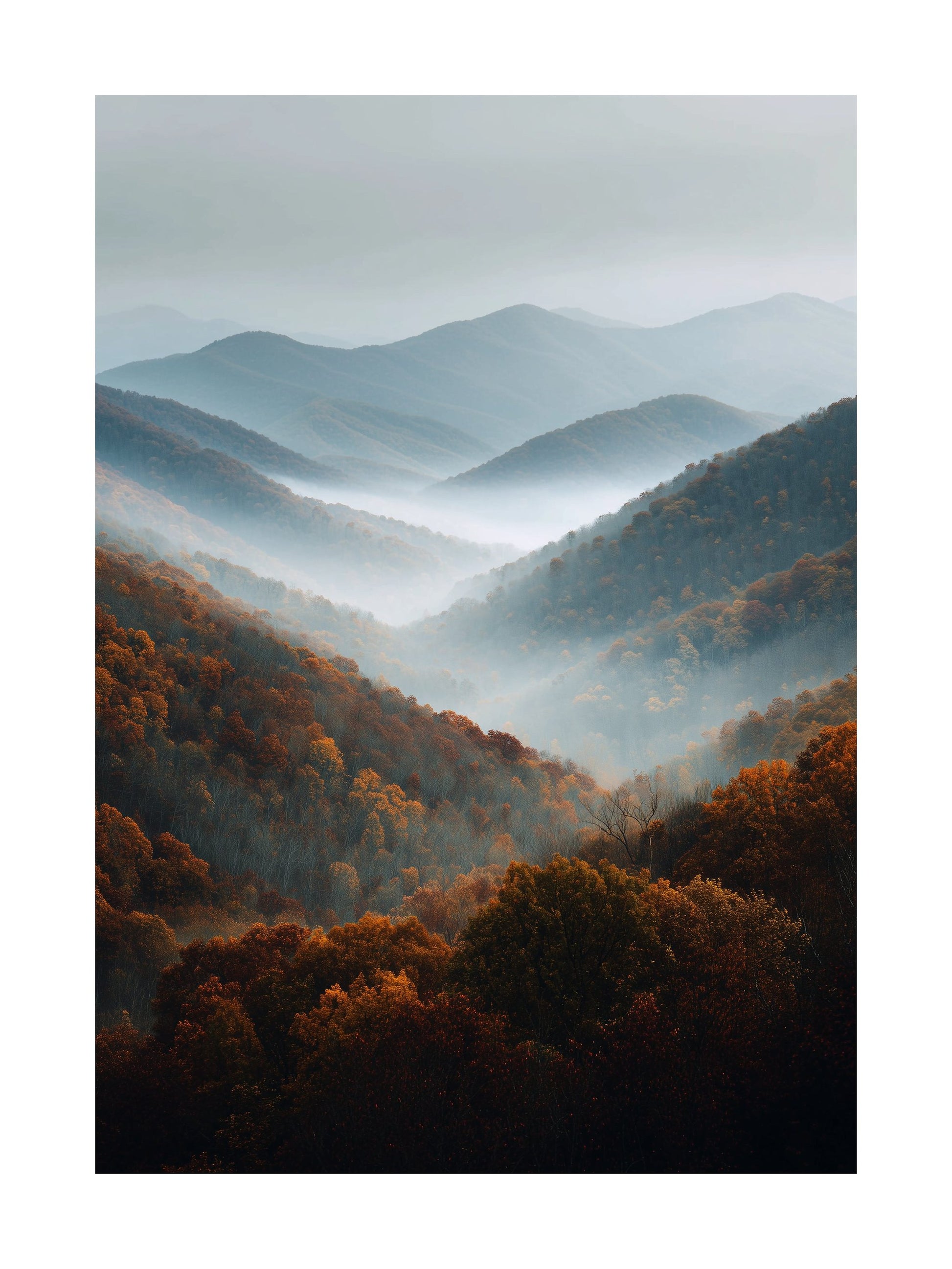 Poster of foggy mountain layers with autumn trees