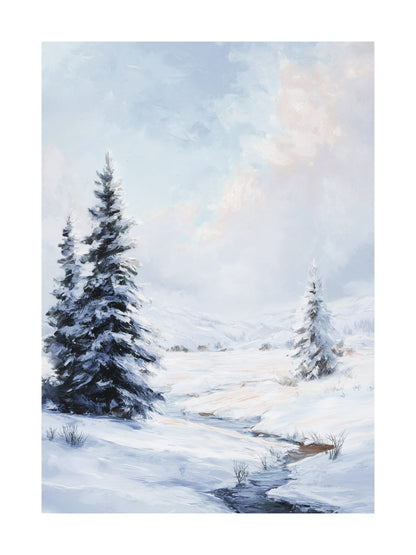 Painting of snowy pine trees and soft clouds in a serene winter landscape.