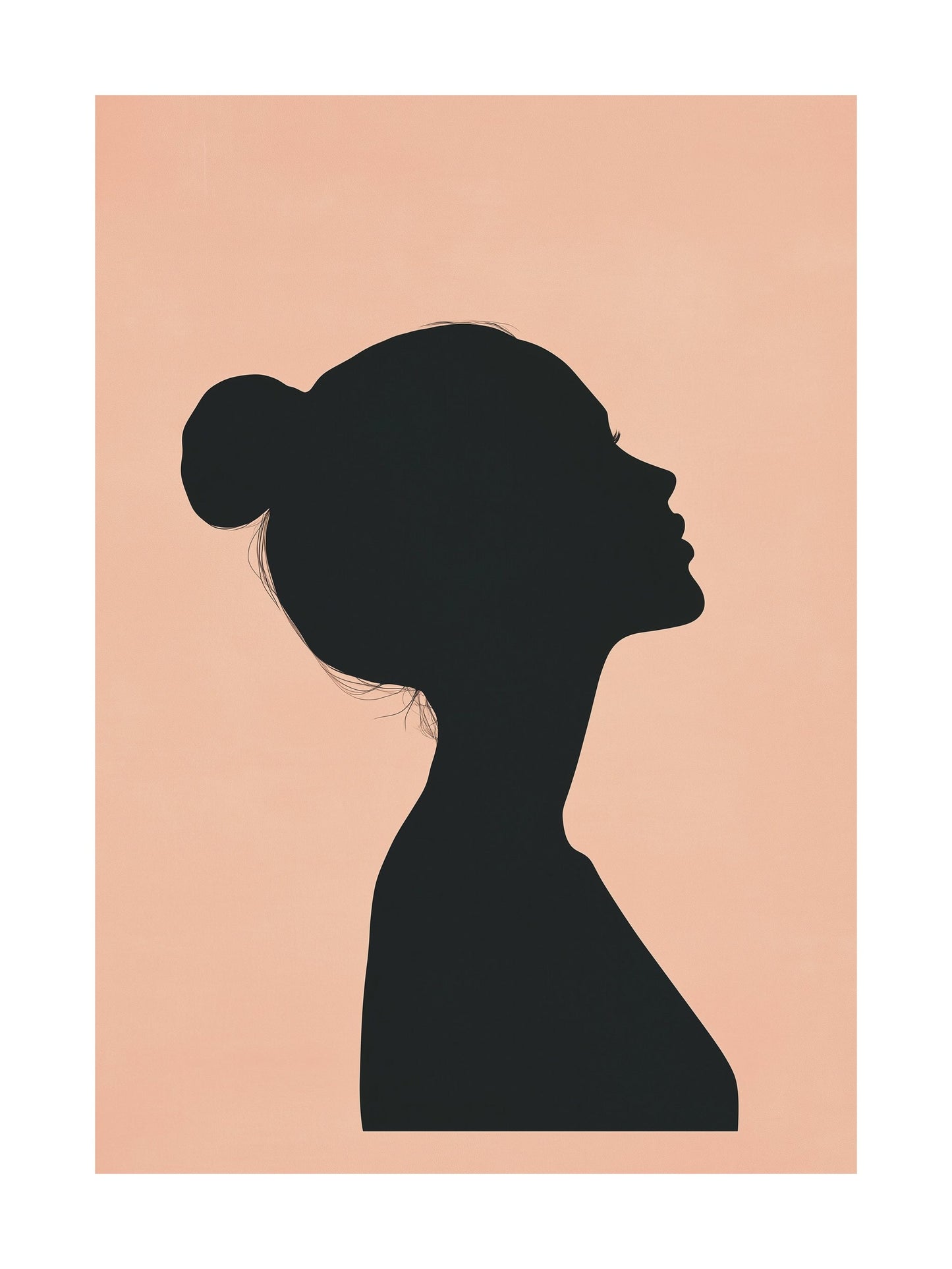 Silhouette of a woman's profile in black against a soft peach background