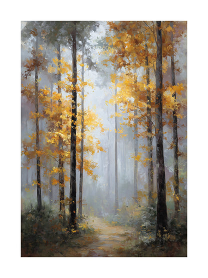 Poster of a misty autumn forest path with golden leaves