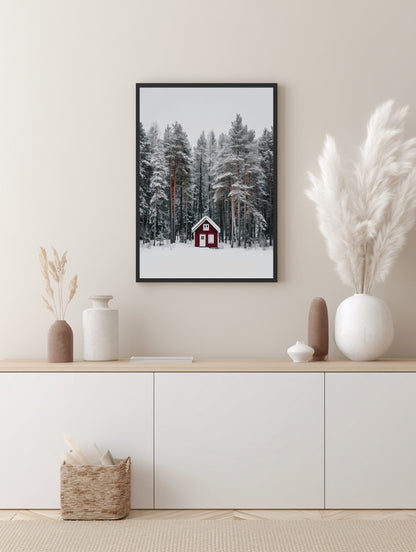 Red Cabin in Winter Forest Poster