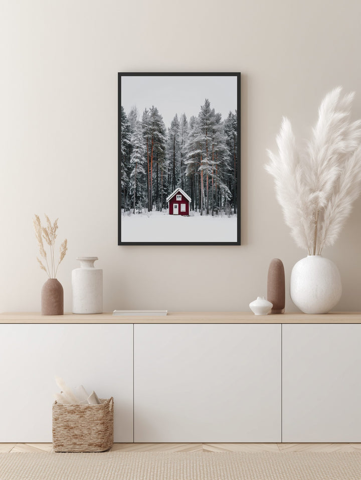 Red Cabin in Winter Forest Poster