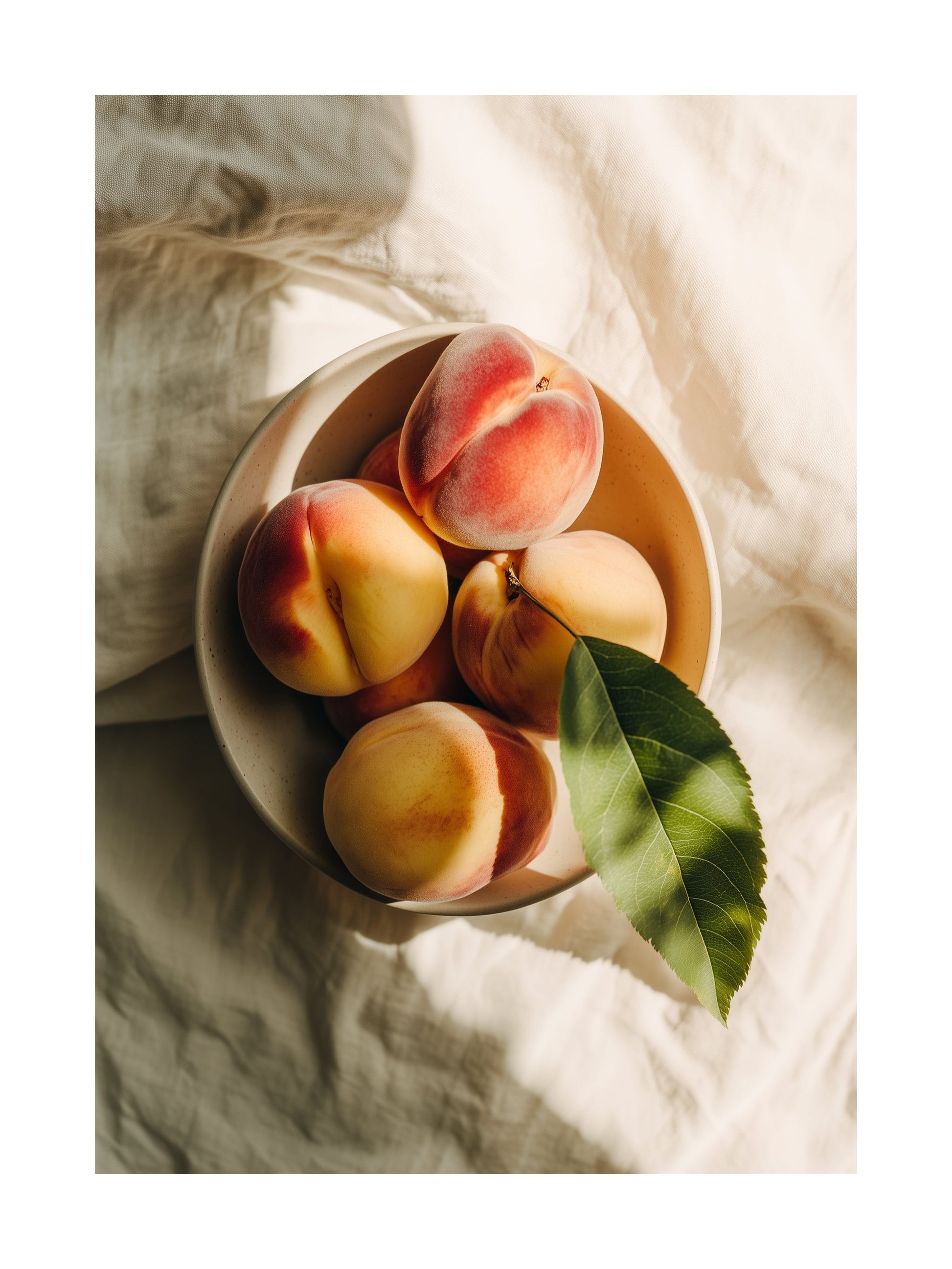 A minimalist still life of ripe peaches in a ceramic bowl with soft natural lighting.