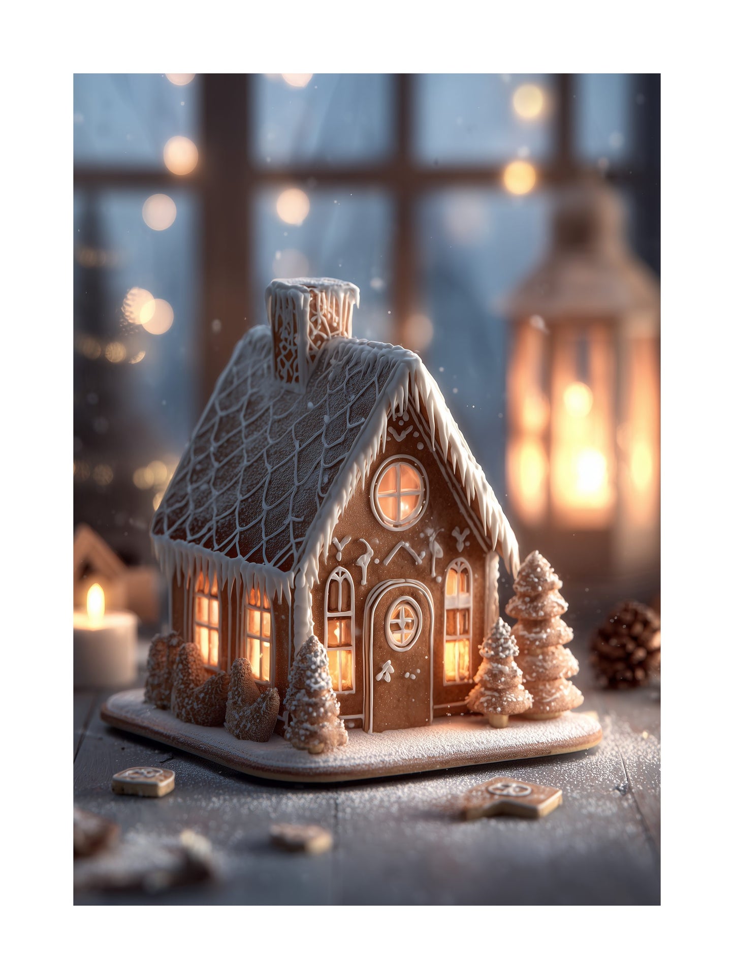 Gingerbread house with icing and candlelight Christmas poster