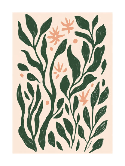 Poster with abstract green leaves and peach flowers on a beige background, perfect for modern wall decor