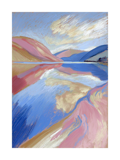 Peaceful lake reflecting soft pink and blue hills and sky.