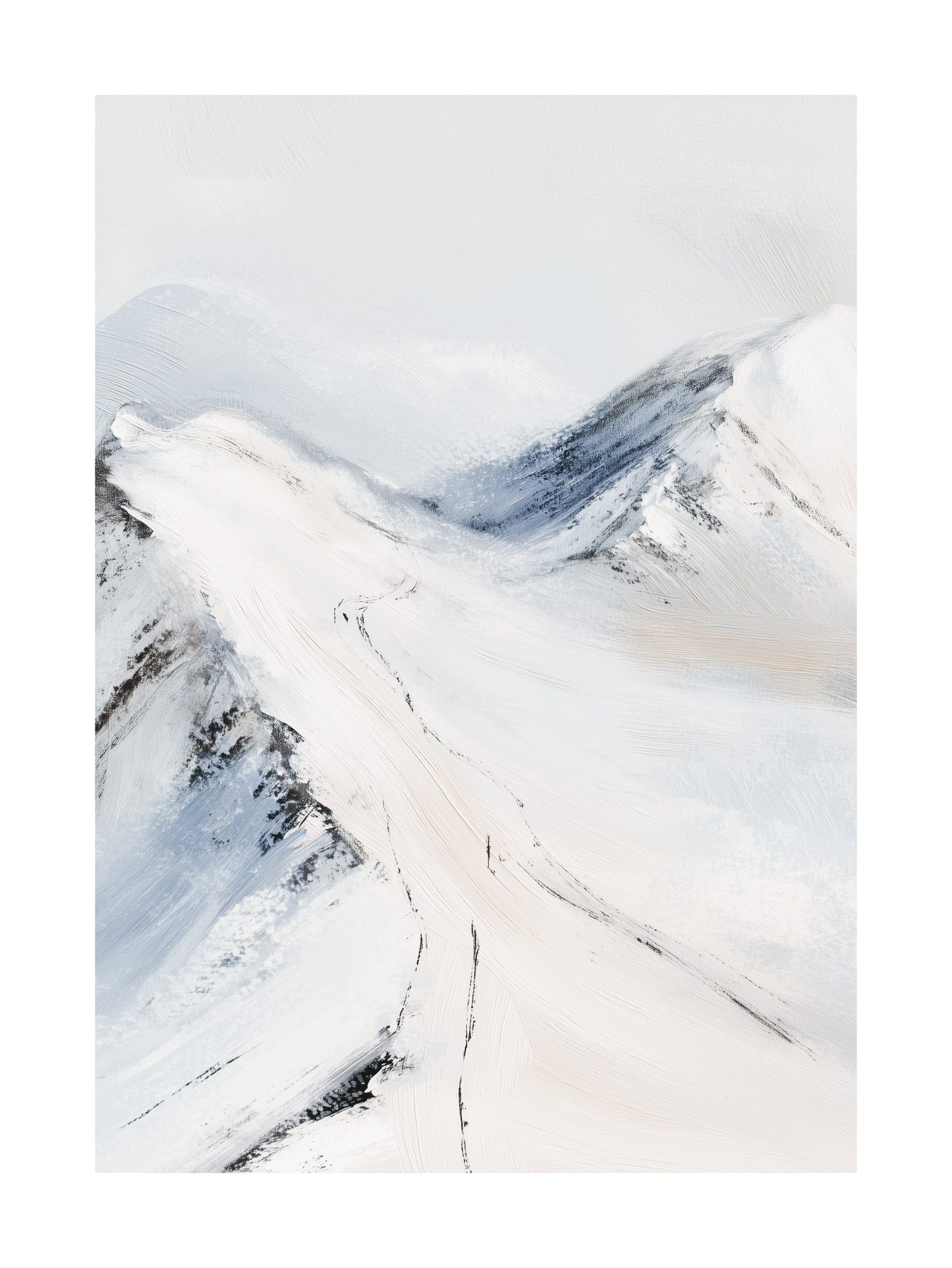 Abstract painting of snow-covered mountain path in soft blue and white tones.