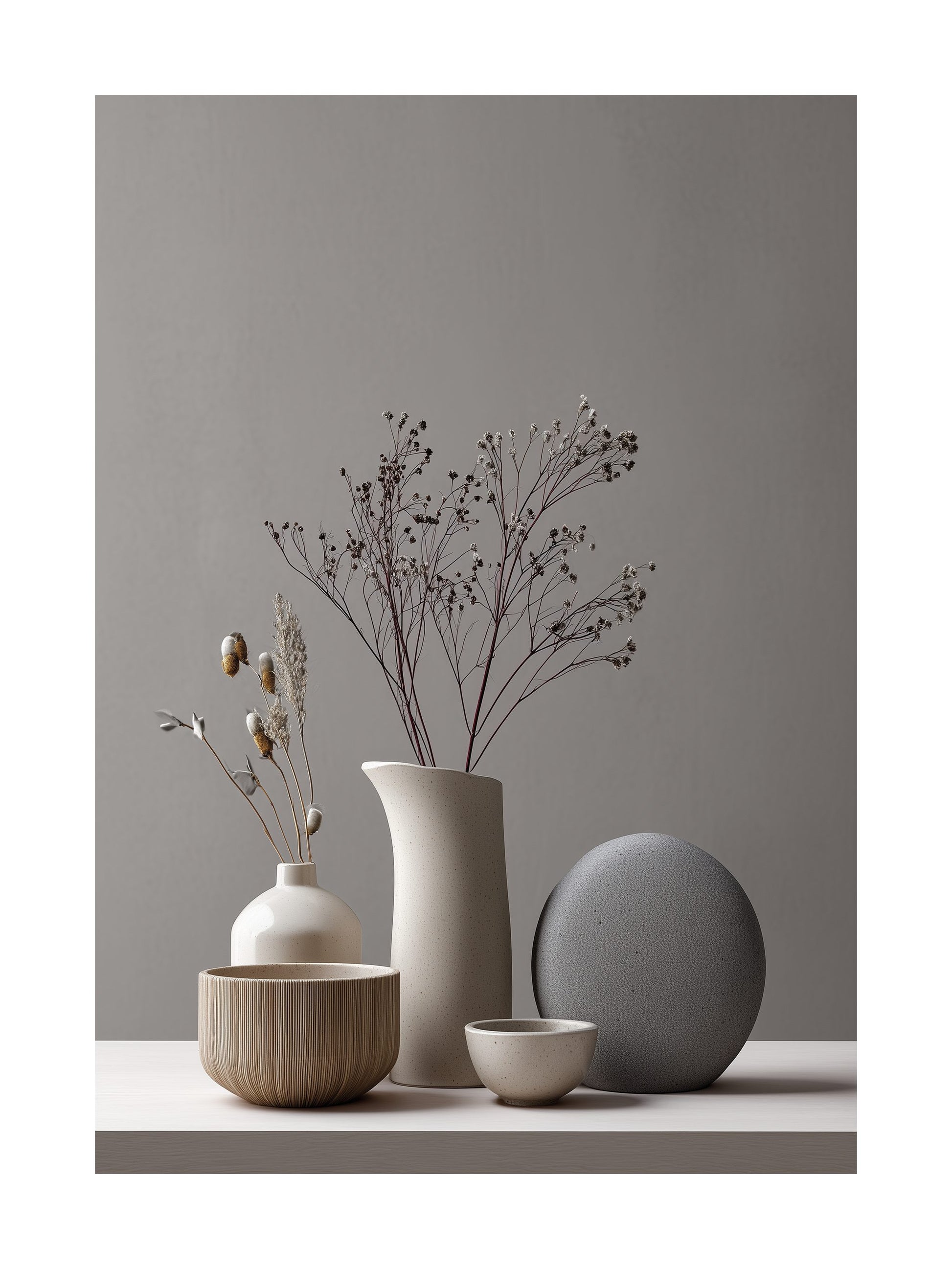Minimalist still life poster with ceramics and stones