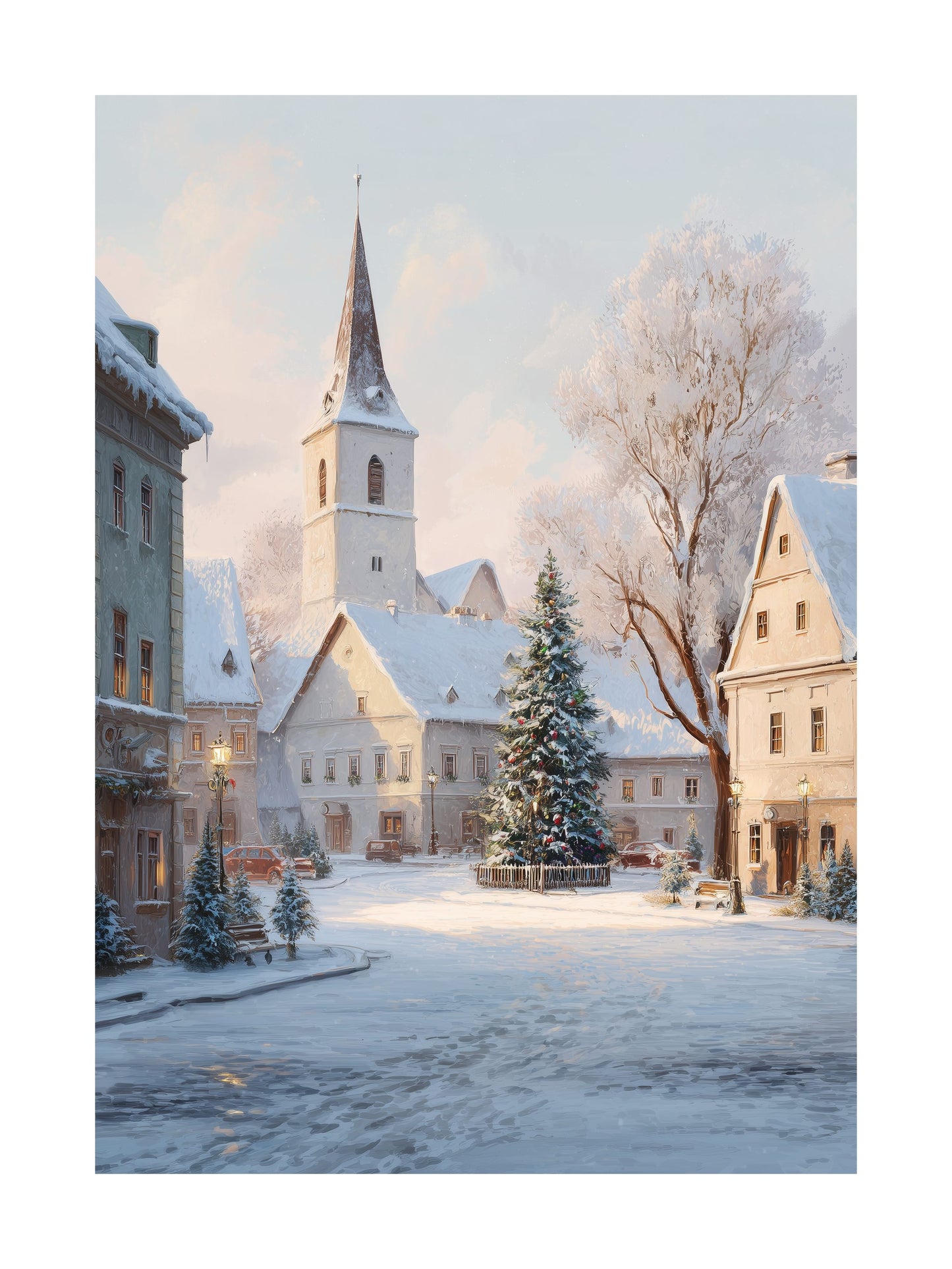 Snowy Christmas village poster with church and winter landscape