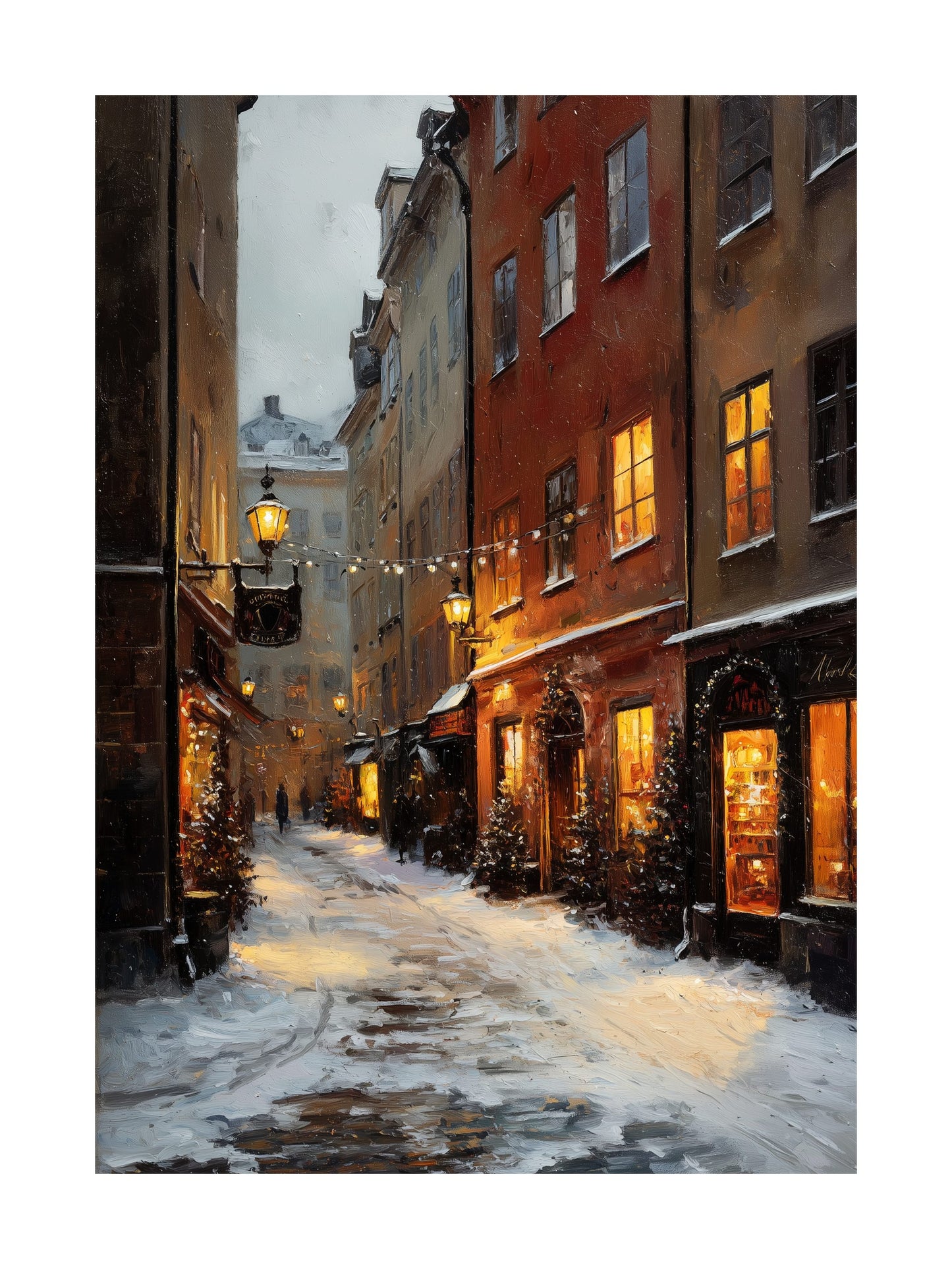 Oil painting of a snowy Stockholm street with glowing shop windows and winter decor.