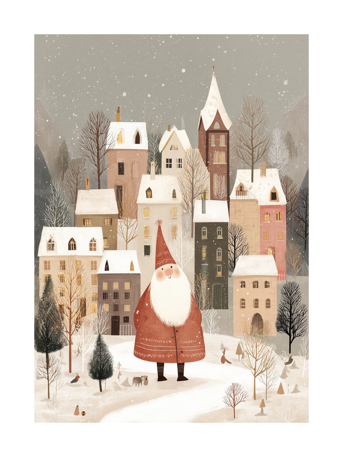 Illustration of Santa standing in a snowy village with houses and trees in soft neutral tones