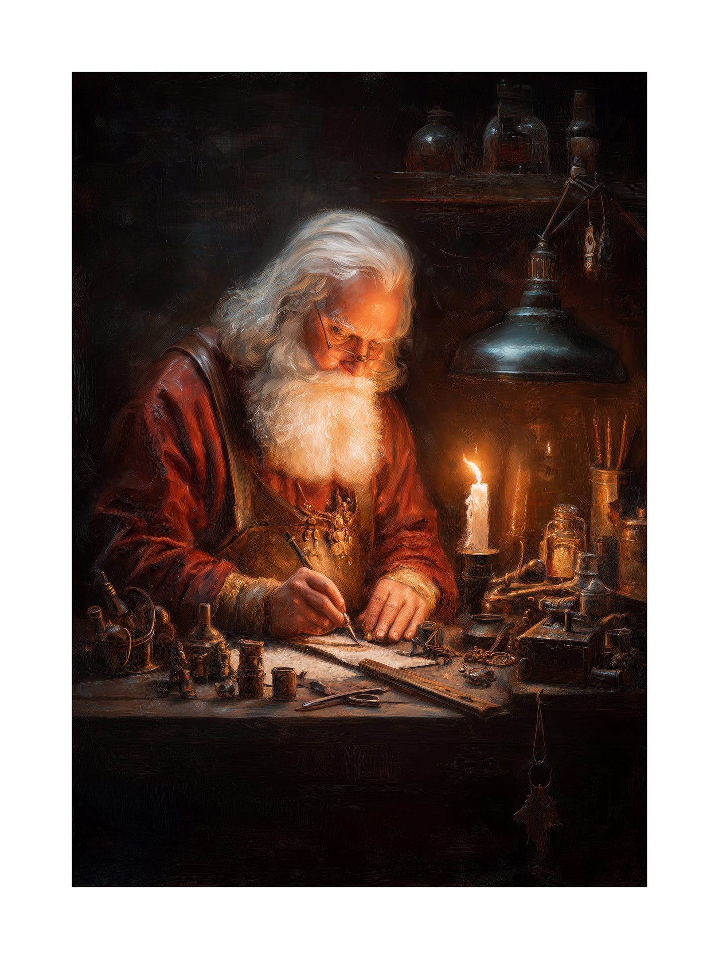 Santa Claus painting letters at his workbench Christmas poster