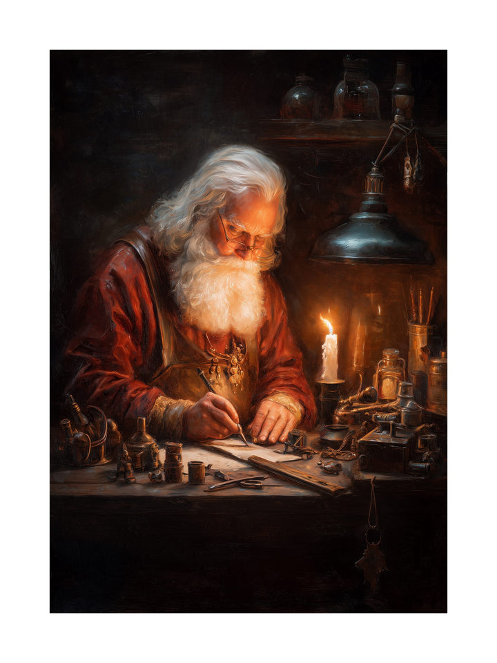Santa Claus painting letters at his workbench Christmas poster