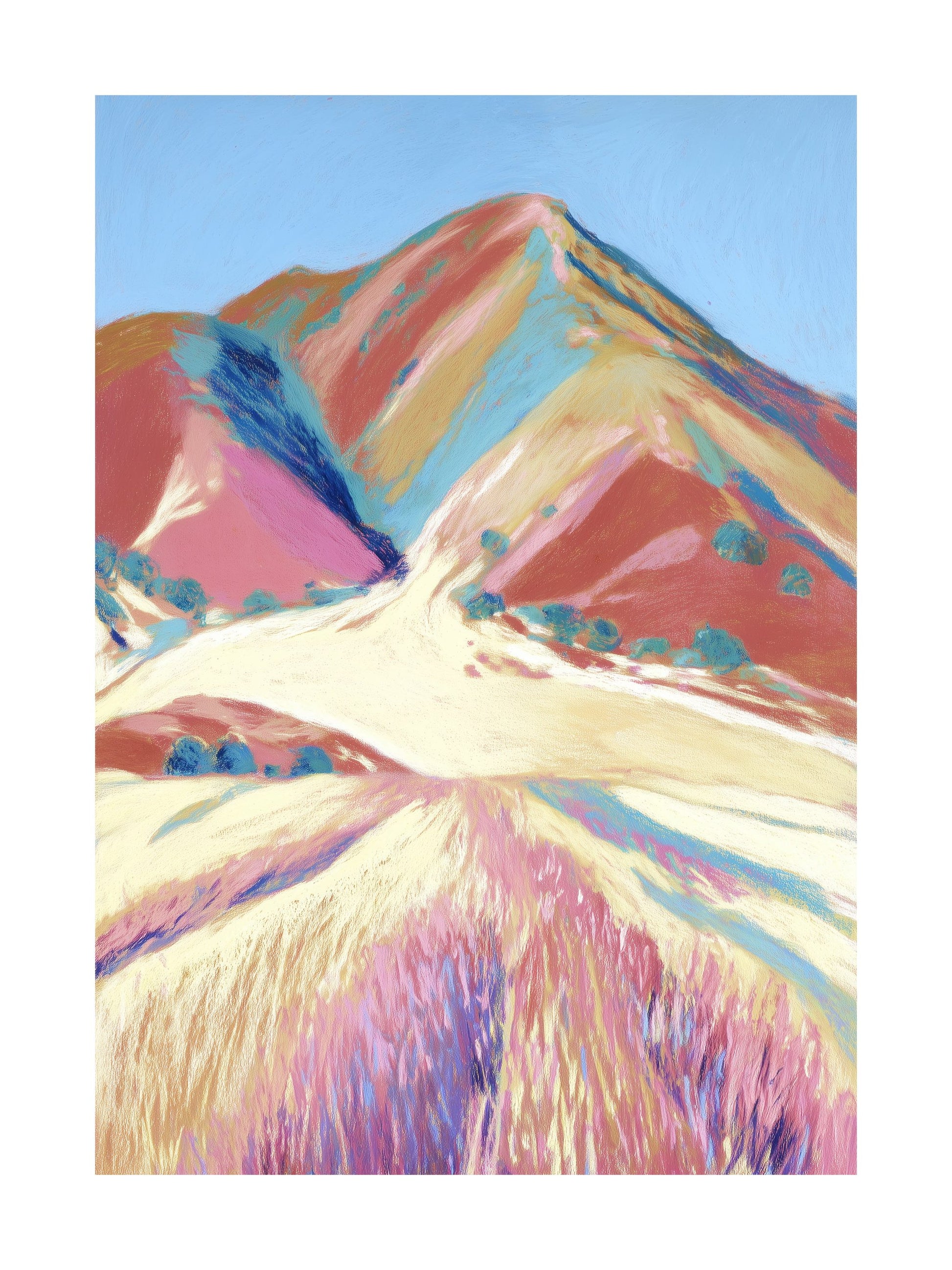 Trail through lavender fields with colorful hills