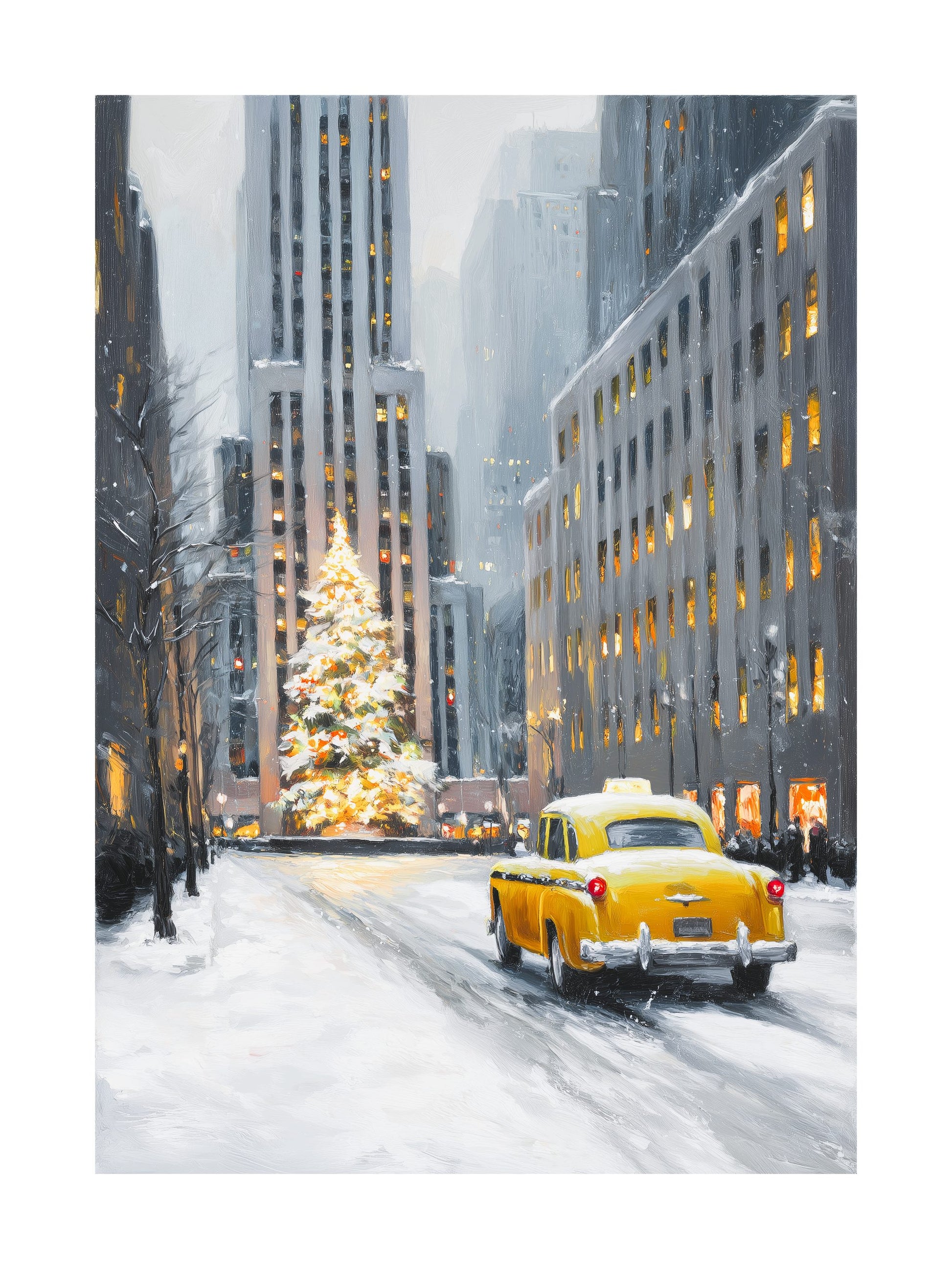 Yellow taxi in snowy New York city street with Christmas tree poster